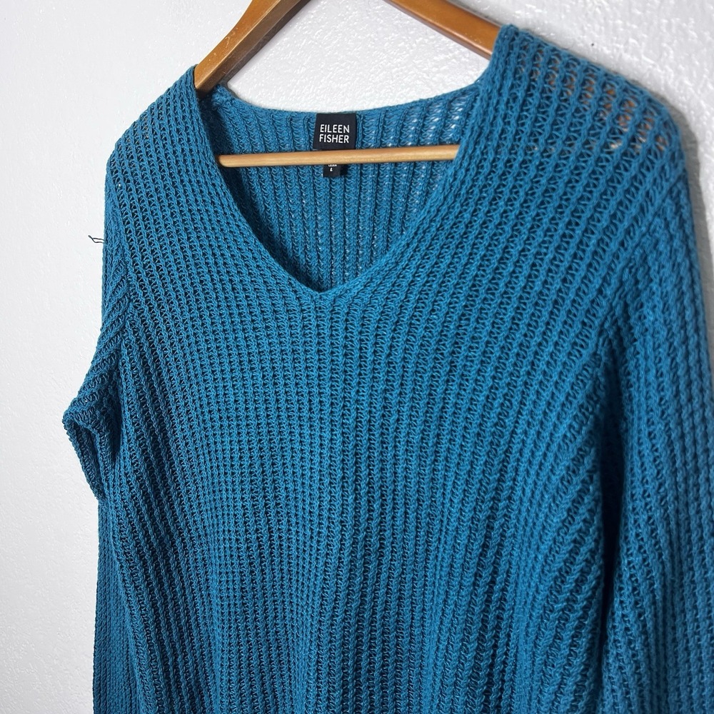 Eileen Fisher Open Knit Linen Sweater Blue Size Large Italian Yarn Long Sleeve - Picture 4 of 9